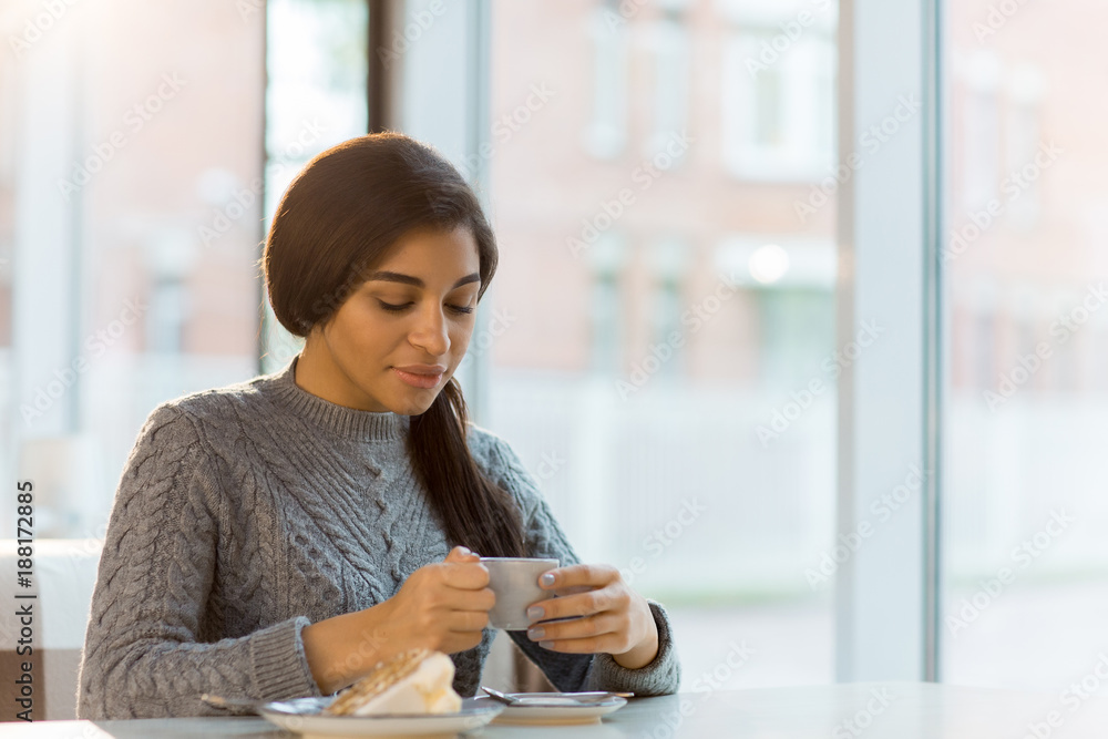 Pretty girl having tasty dessert and cup of hot aromatic coffee while relaxing in cafe Pretty girl having tasty dessert and cup of hot aromatic coffee while relaxing in cafe