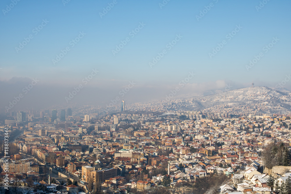 Misty morning in Sarajevo, view from the White Fortress