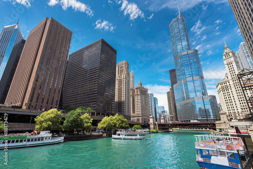 Chicago Downtown and beautiful Chicago river at sunny day, Chicago, Illinois. 