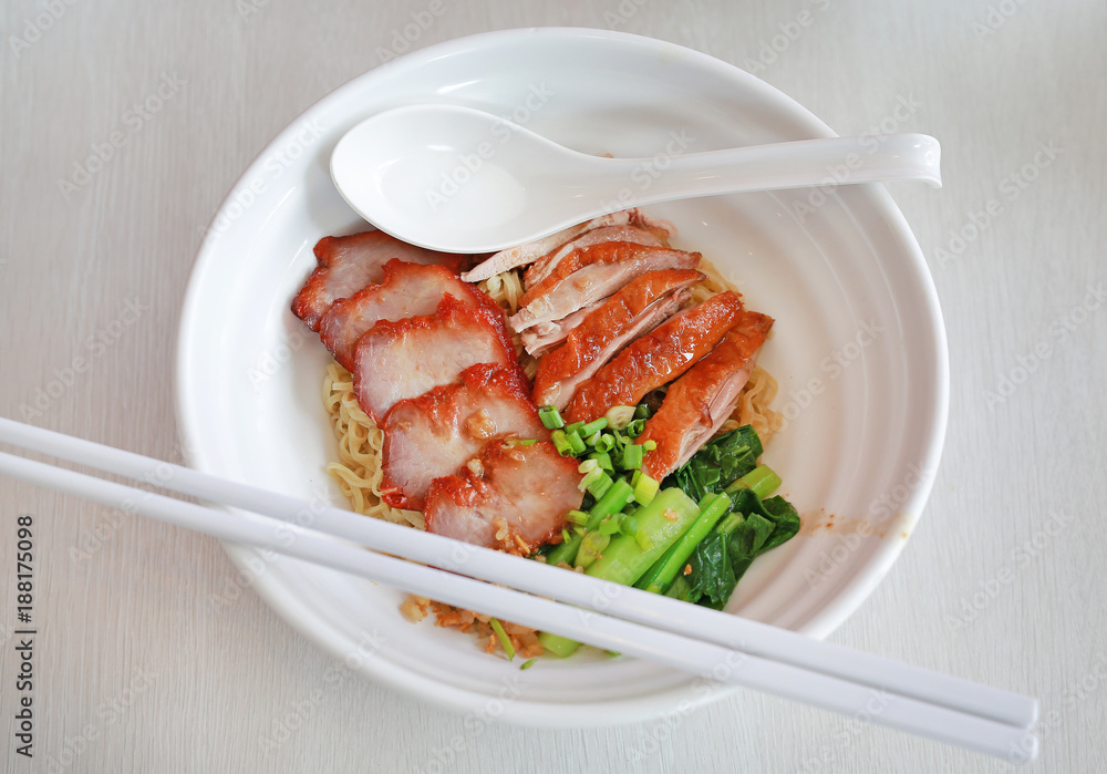 Egg noodle with roasted duck and pork. Egg noodle with roasted duck and pork.