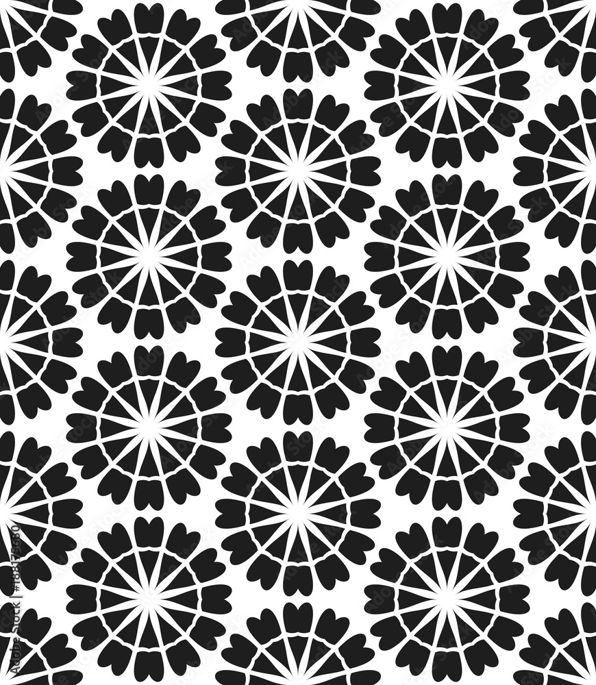 Vector seamless pattern. Stylish textile print with abstract black flowers. Oriental floral fabric background. Hexagonal swatch.
