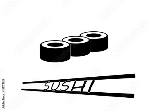 Sushi and roll with chopsticks on white background, black logo template. Monochrome Japanese cuisine.