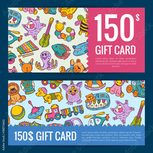 Vector discount or gift voucher with hand drawn colored kid or children toys elements