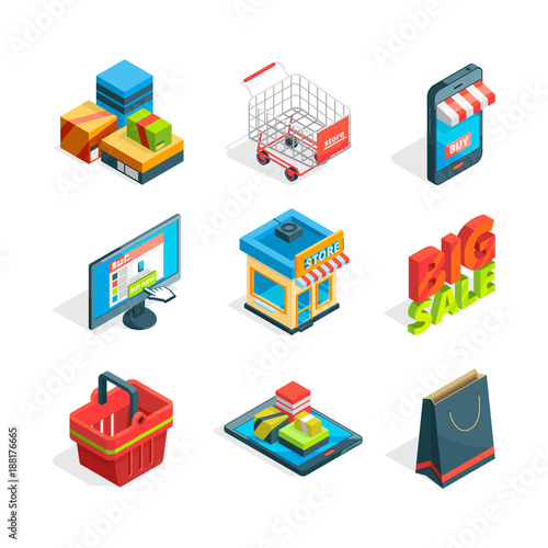 Isometric icon set of online shopping. Symbols of ecommerce. Buying in internet