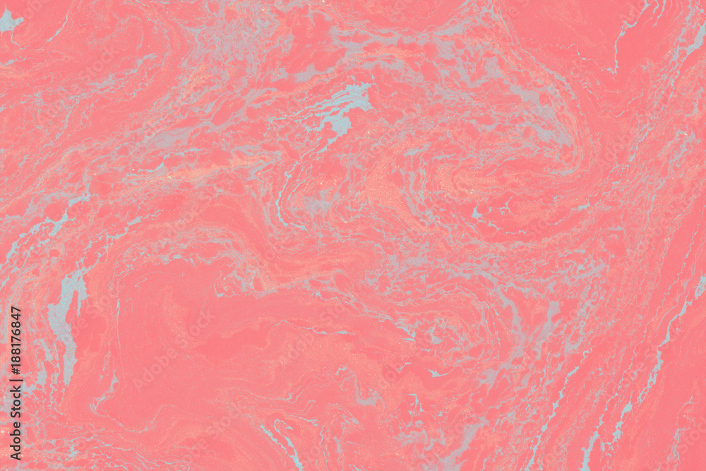 Fototapeta premium Suminagashi marble texture hand painted with red ink. Digital paper 1670 performed in traditional japanese suminagashi floating ink technique. Extra liquid abstract background.