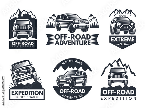 Monochrome labels set with suv cars