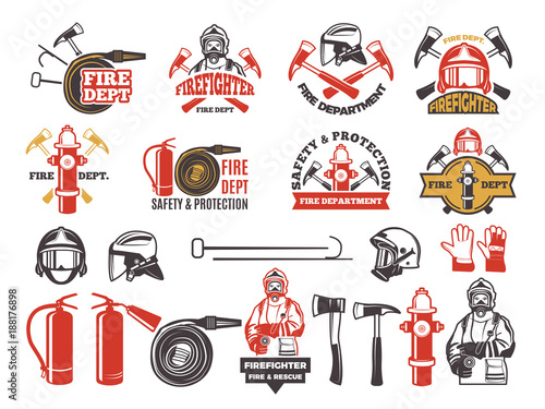 Colored badges for firefighter department. Symbols set of emergency protection isolated on white