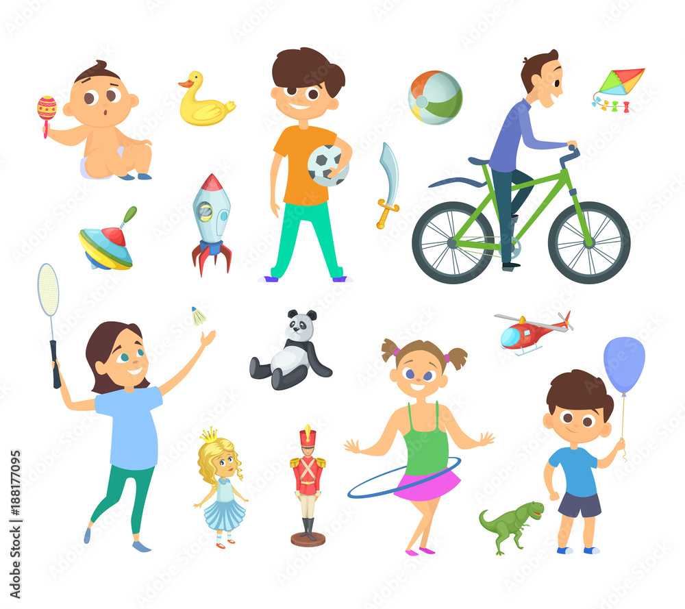 Children playing at different games and toys. Vector characters set in cartoon style Children playing at different games and toys. Vector characters set in cartoon style