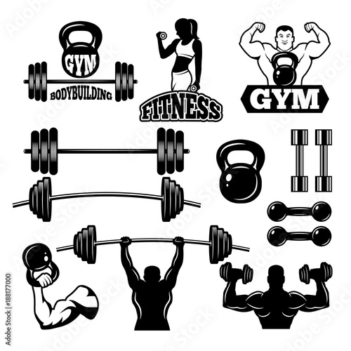 Badges and labels for gym and fitness club. Sport symbols in monochrome style