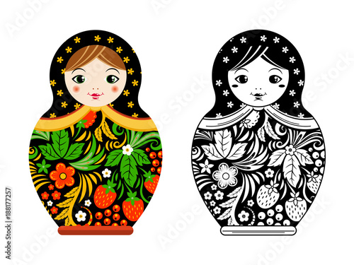 Retro russian doll. Matryoshka painted at khokhloma style. Vector linear and colored pictures