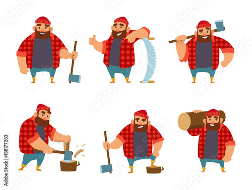 Lumberjack in different action poses. Vector funny character