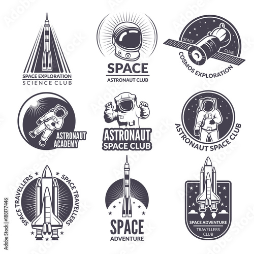 Monochrome illustrations of space shuttle and astronauts for labels and badges