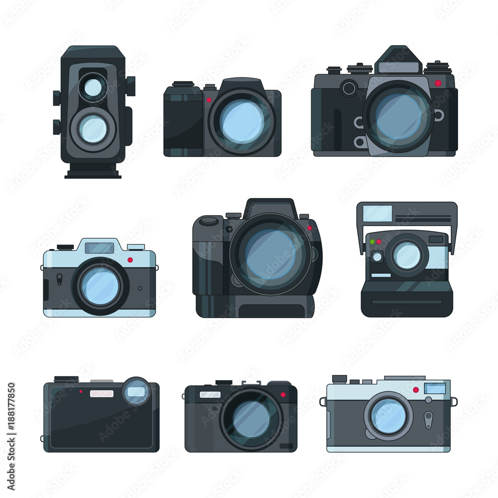 Dslr photo cameras. Vector set in cartoon style