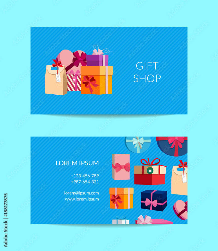 Vector gift service, shop business card template with gift boxes or packages Vector gift service, shop business card template with gift boxes or packages