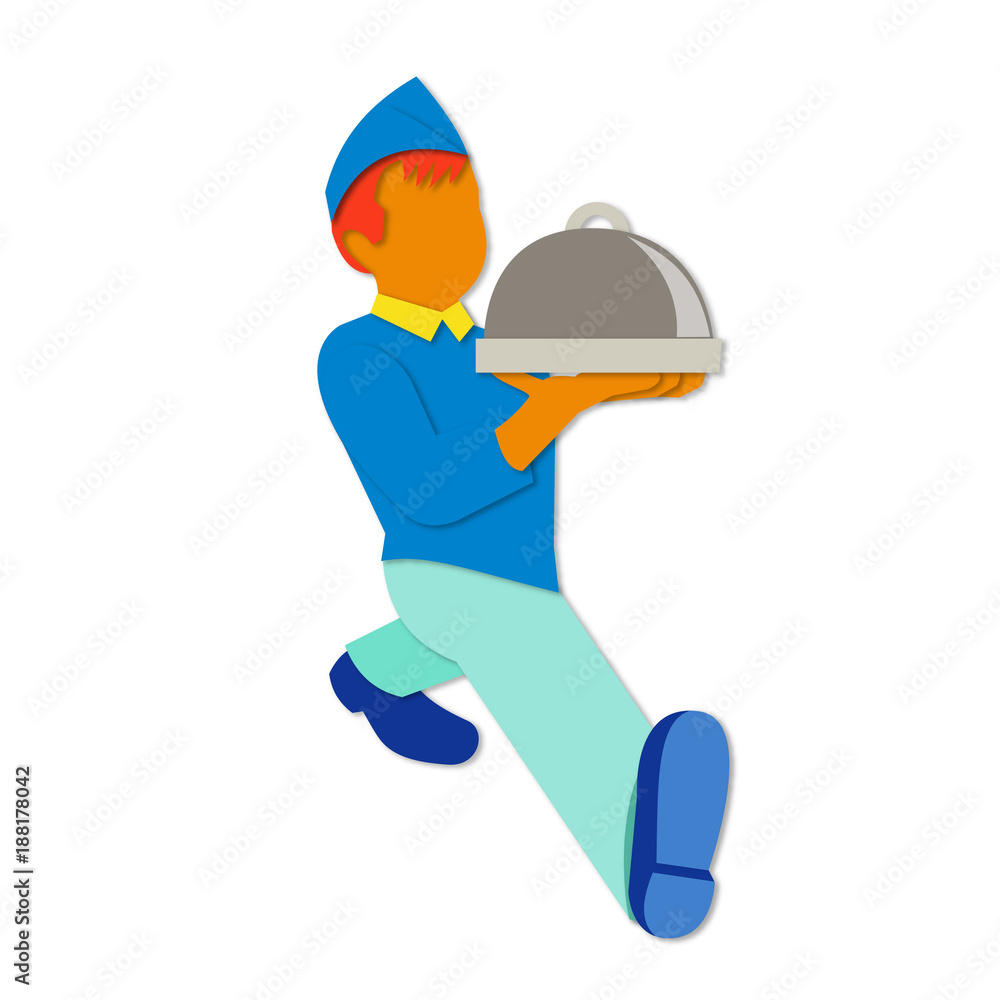 Paper cut style illustration of a waiter food worker server serving carrying food platter walking towards viewer set inside circle done in retro, decorative papercut design. Paper cut style illustration of a waiter food worker server serving carrying food platter walking towards viewer set inside circle done in retro, decorative papercut design.