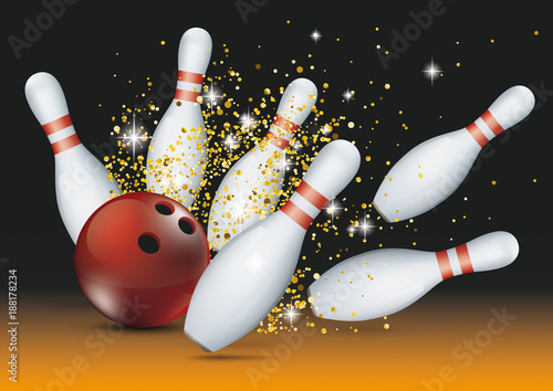 Bowling Pins Red Ball Strike Golden Glitter