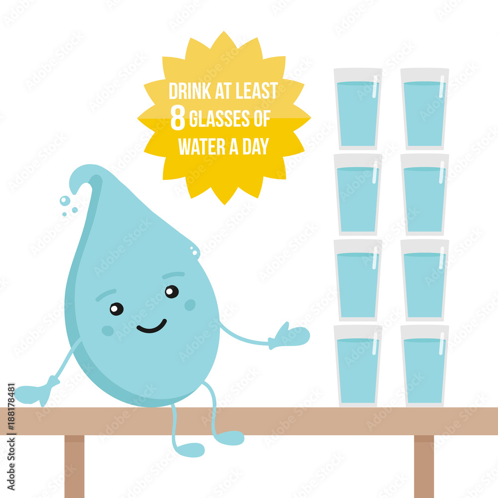 Cute cartoon water drop character sitting on the table with eight
