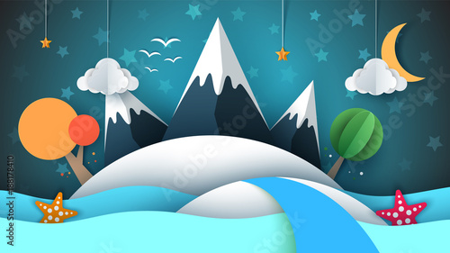 Cartoog paper island. Star, mountain, cloud, moon sea star tree Vector eps 10