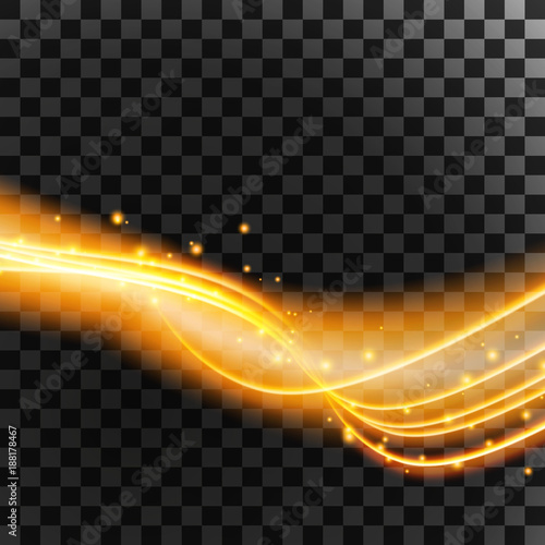 Light effect with glowing gold wavy lines and sparkles isolated on transparent special effect. Vector illustration