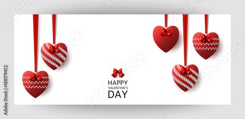 Horizontal gift design background with red knitted hearts. For Valentine's Day, Wedding, Birthday. For a banner, postcards. flyer, label, certificate, company card. Vector.