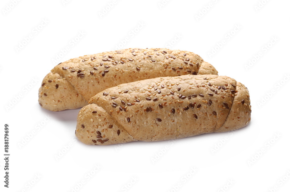 Whole wheat bread roll with sesame and linseed isolated on white background Whole wheat bread roll with sesame and linseed isolated on white background