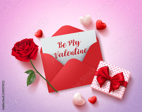 Be my valentines greeting card vector design with red love letter, rose, gift and hearts elements in pink pattern background for valentines celebration. Vector illustration.
