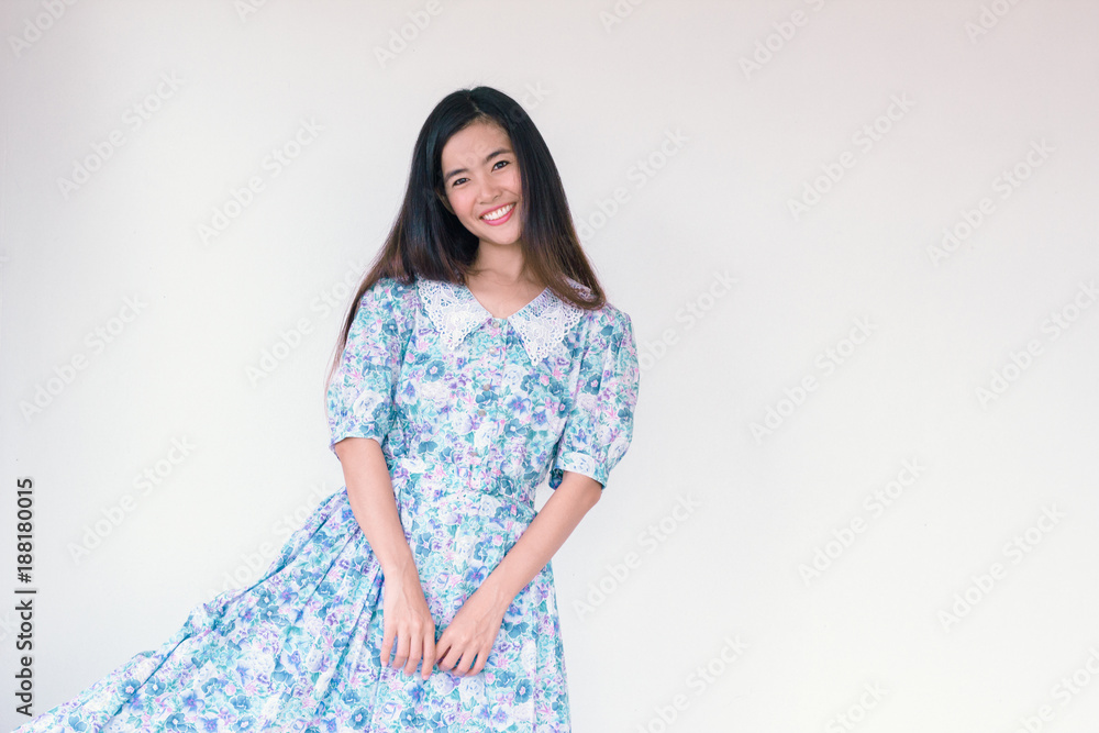 Fashion Portrait of Young cute asian woman wearing vintage blue dress Fashion Portrait of Young cute asian woman wearing vintage blue dress