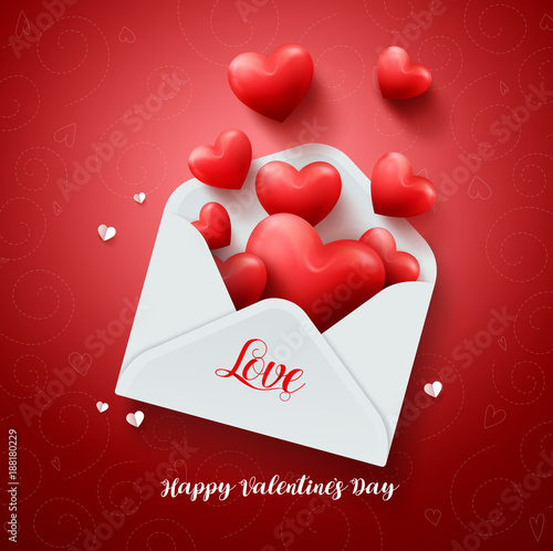 Love letter of hearts vector design with paper valentines card full of hearts and text greeting in red background for valentines day celebration. Vector illustration.
