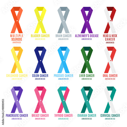 Set of cancer ribbons in different colours with a needle pin. World awareness day. Medical concept. Vector illustration on white background.
