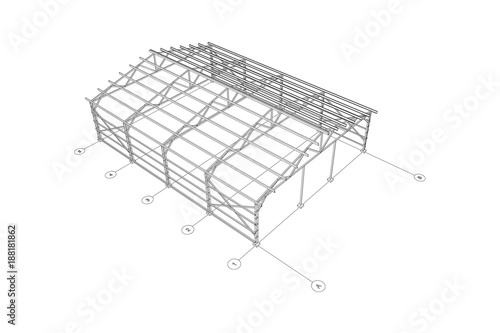 3D steel frame of a industrial building. Vector architectural blueprint.