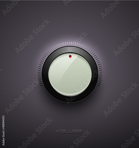 Technology music white glossy button icon, volume settings, sound control knob with black plastic ring, scale, shadow and light. Isolated on background. For internet sites, web interface, applications