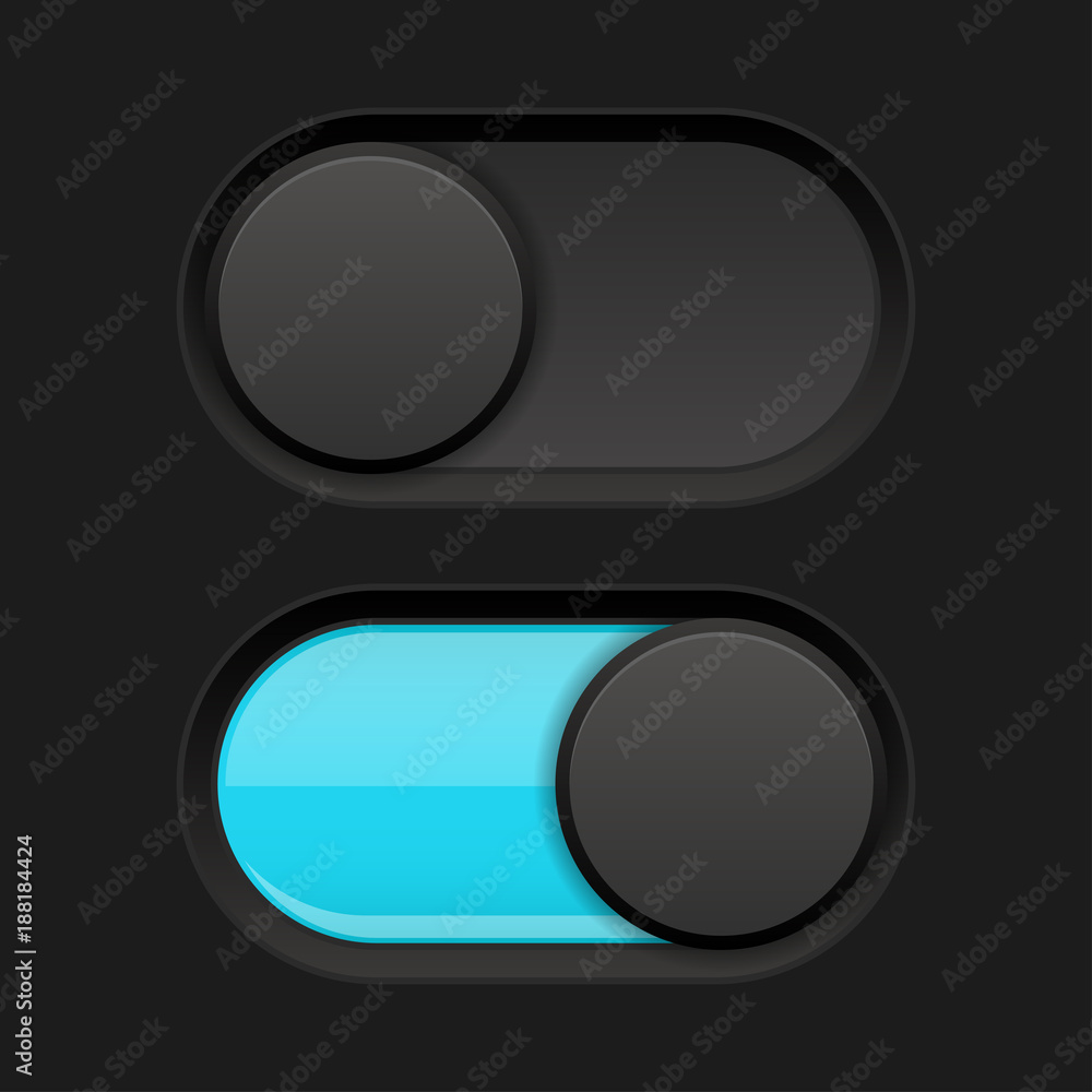 On and off slider buttons. Blue and black oval buttons On and off slider buttons. Blue and black oval buttons