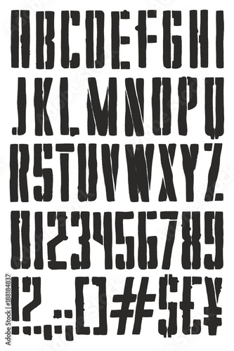 Vintage Propaganda Poster Stencil Spray Paint Freehand Vector Font with Uppercase Letters, Numbers & Signs