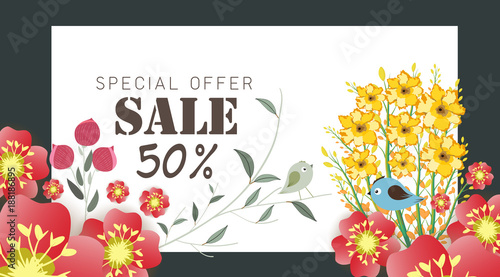 Spring sale banner with paper flowers on a yellow background. Vector illustration. Banner perfect for promotions, magazines, advertising, web sites