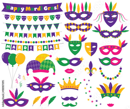 Mardi Gras decoration and design elements set