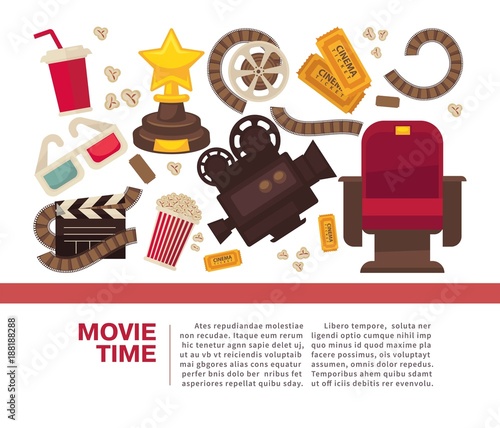 Cinema advertisement banner with symbolic cinematographic equipment