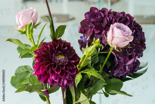 Close-up purple flowers in the vase on the table.