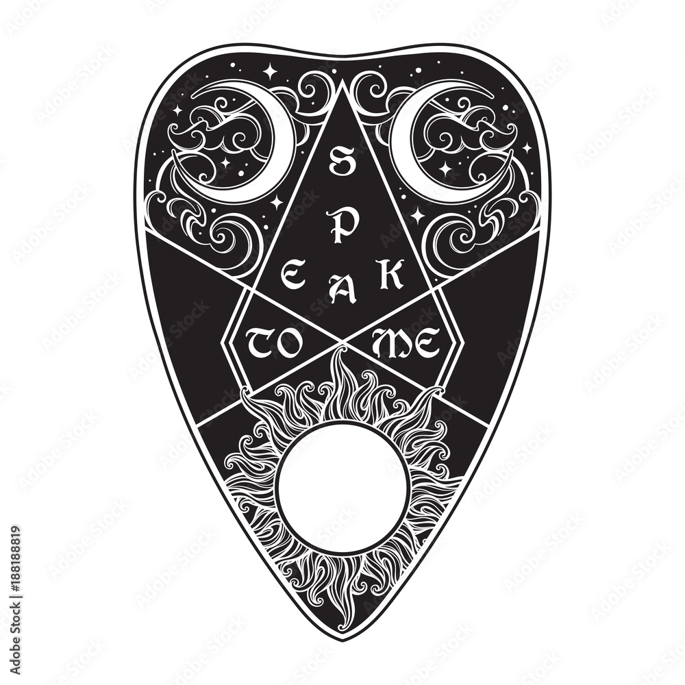 Hand drawn art ouija board mystifying oracle planchette isolated. Antique  style boho chic sticker, tattoo or print design vector illustration Stock  Vector | Adobe Stock