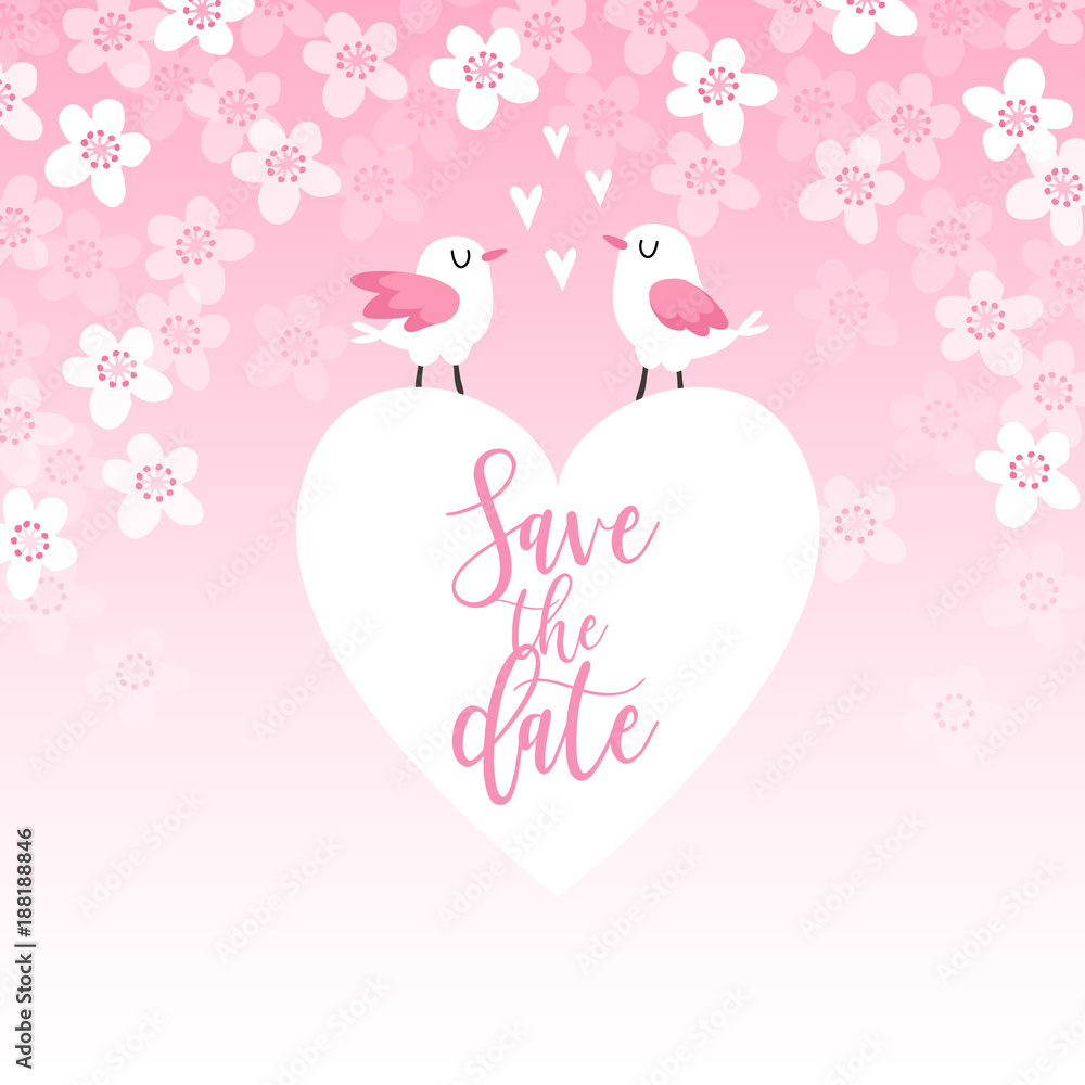 Cute spring greeting card, wedding invitation with couple of birds, heart and cherry tree blossoms. Love concept. Pink vector illustration background .