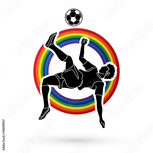 Soccer player somersault kick , overhead kick action designed on line rainbows background graphic vector