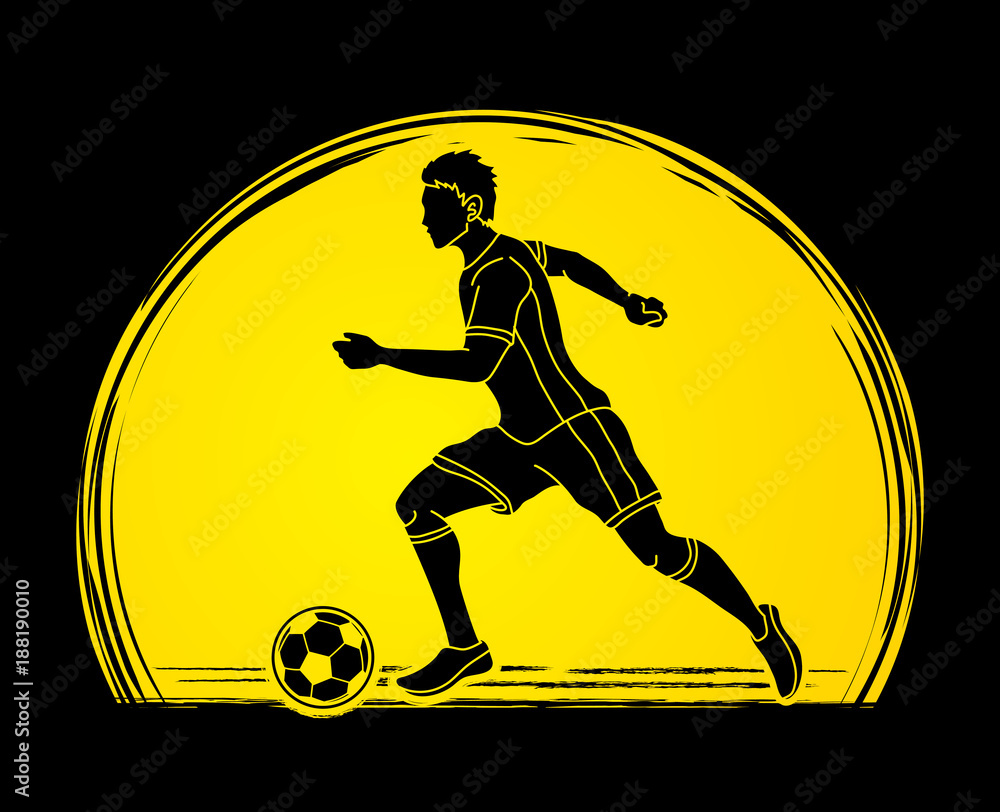 Soccer player running with soccer ball action designed on sunset background graphic vector