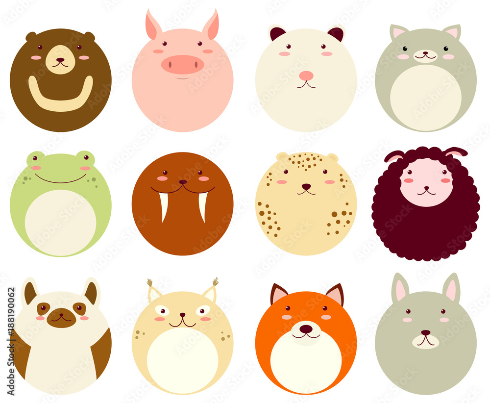 Fototapeta premium Zestaw ikon okrągłych awatarów z twarzami uroczych zwierzątek