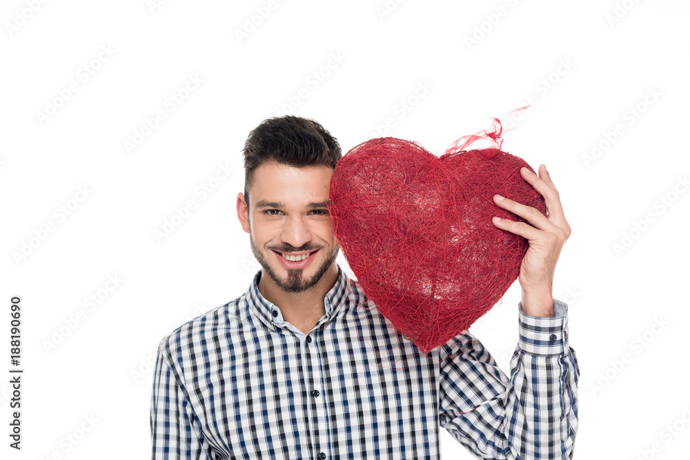 man holding heart of threads isolated on white, valentines day concept man holding heart of threads isolated on white, valentines day concept