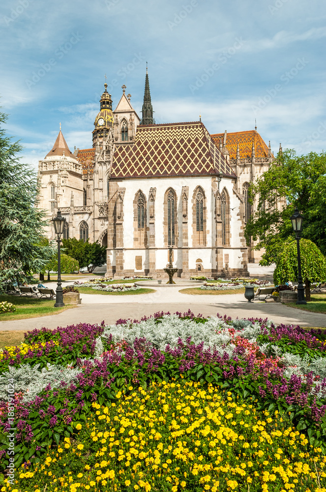Cathedral of St. Elizabeth with garden, Kosice, Slovakia. Gothic cathedral in Kosice. It is Slovakia's biggest church, as well as one of the easternmost Gothic cathedrals in Europe.
