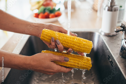 Foto Woman rinsing fresh corns by hands in the kitchen-sink