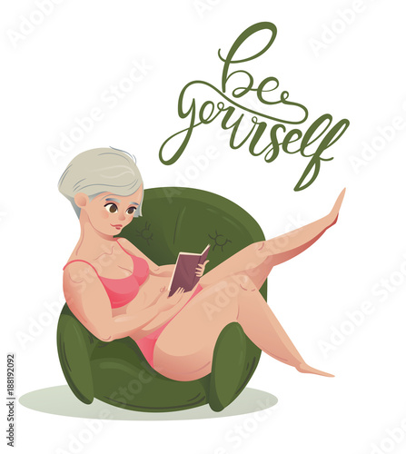 Happy plus size girl reads book on sofa. Happy body positive concept. Be yourself text. Attractive overweight woman. For Fat acceptance movement, no fatphobia. Vector illustration on white background