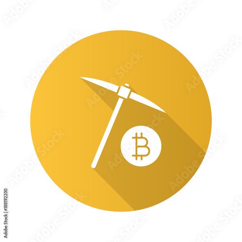 Navvy pick with bitcoin sign flat design long shadow glyph icon