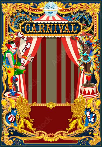 Carnival poster template. Circus vintage theme for kids birthday party invitation or post. Quality vector illustration.