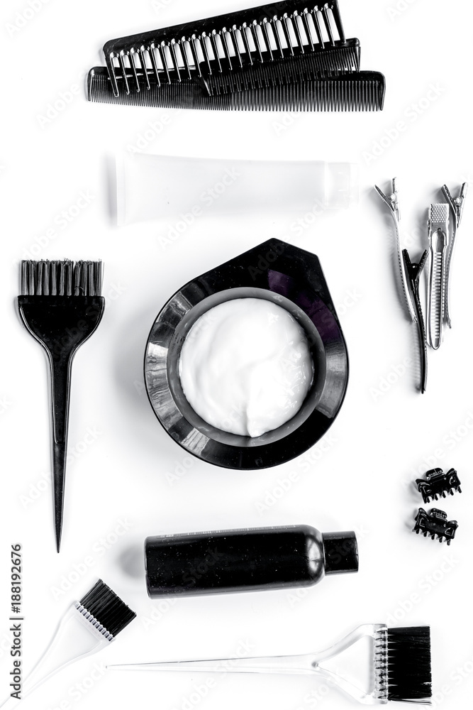 hair care concept with dye tools on white background top view hair care concept with dye tools on white background top view