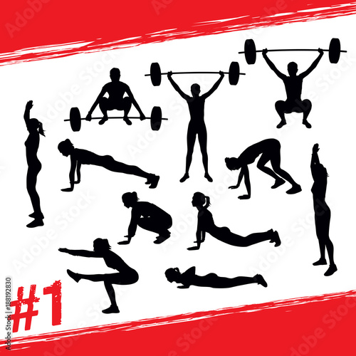 Vector silhouettes of people doing fitness and crossfit workouts